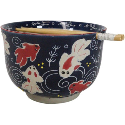 Japanese Goldfishes Large 24Oz Donburi Ramen Bowl With Chopsticks Set
