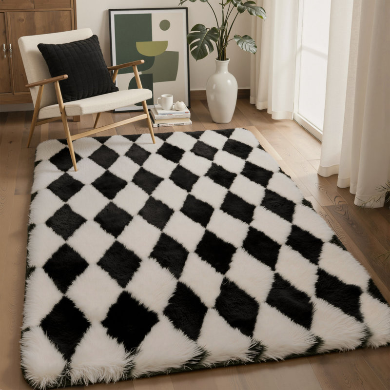 Tapis à poils longs noir / blanc Modern, Rectangle 6 pi x 9 pi, Noir