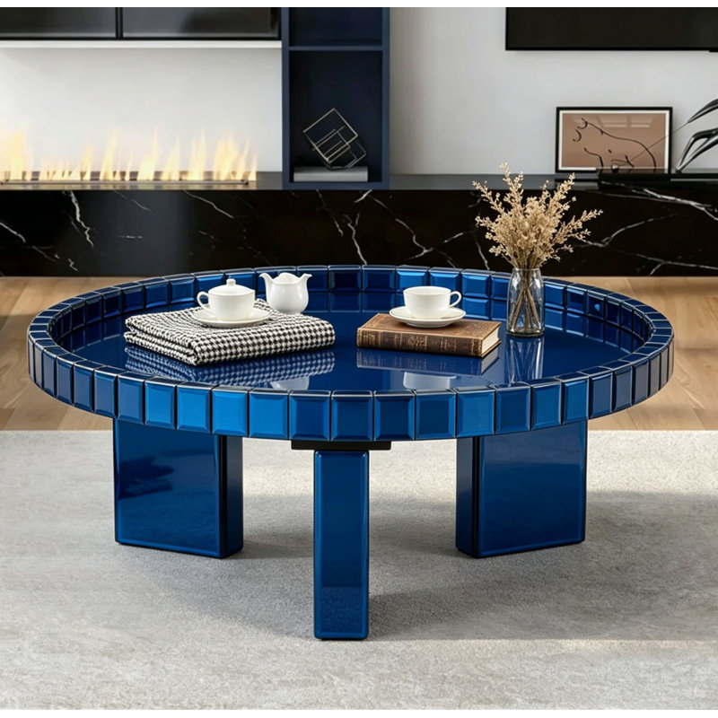 Round Glass Coffee Table Cocktail Table Tray Top 80x80cm, Blue