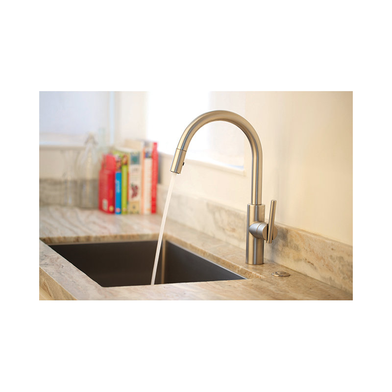 East Linear Single Handle Pull Down Kitchen Faucet, Polished Nickel