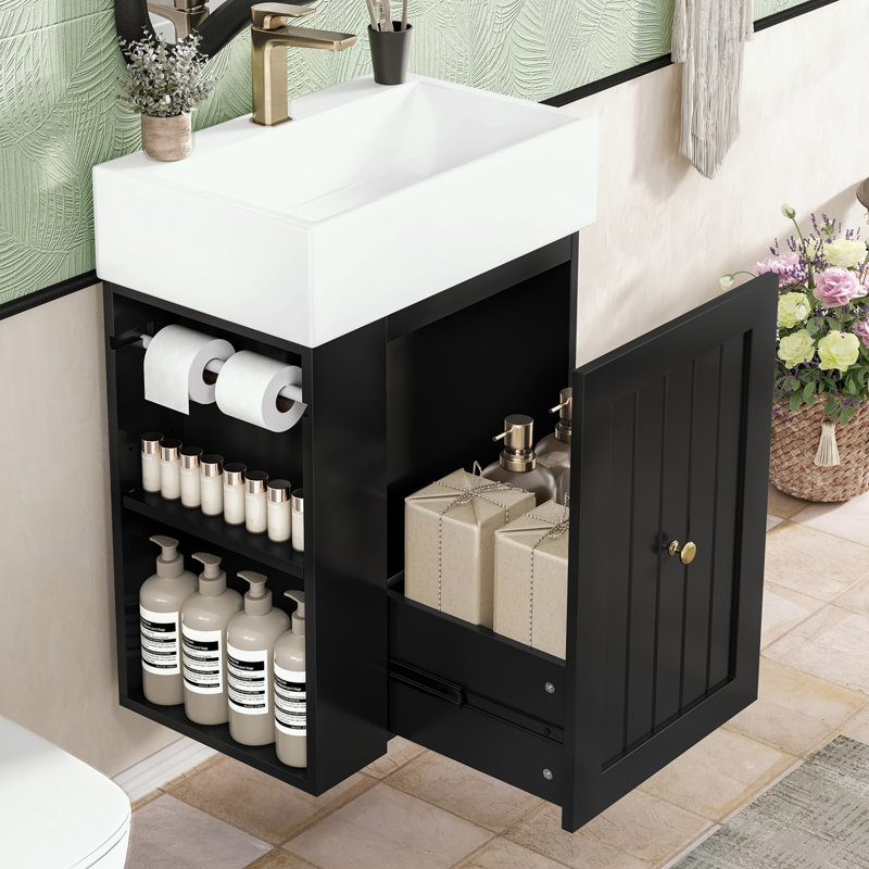 Meuble-lavabo de salle de bain avec lavabo en céramique, tiroir et tablette latérale, Noir