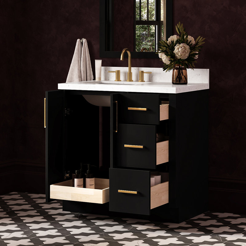   Kayleigh 36 Inch Left Offset Single Rectangle Sink Bathroom Vanity with Carrara White Quartz Countertop 1.5 Inch in Black