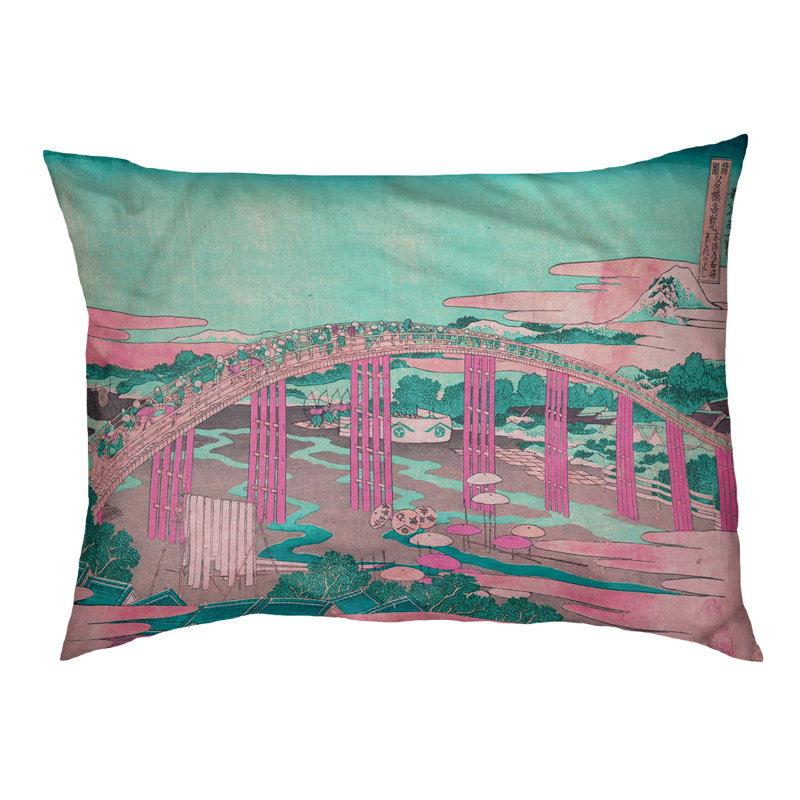 Coussin de conception japonaise bridge Burkart, L 19,5 po x l 29,5 po, Rose / bleu sarcelle / brun foncé