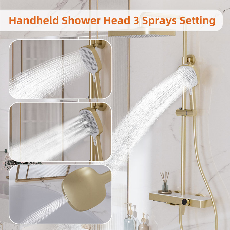 12" Rainfall Shower System, 3-Function with Waterfall Tub Spout & 3-Mode Handheld, Brushed Gold, CUPC Certified, Brushed Gold