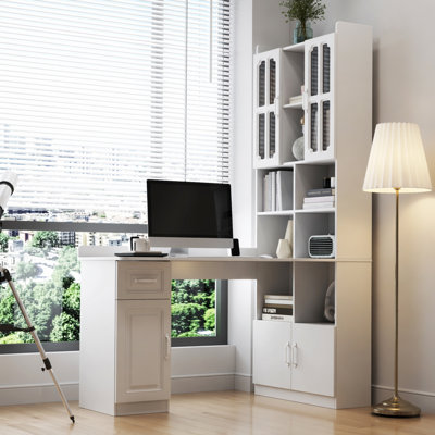 L-Shaped Corner Computer Desk  for Home Office or Study desk, Study Modern Style Table with Drawers, Bookshelf & Hutch, 2-in-1 L-Shaped Design, Large Working Space,white