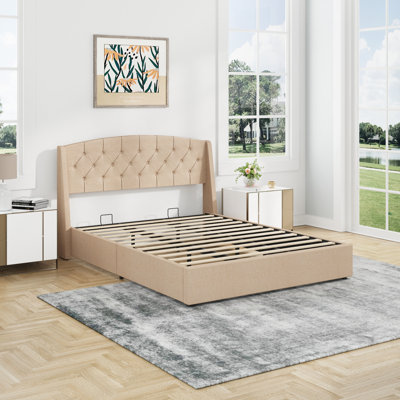 Lift Up Storage Upholstered Platform Bed With Wingback Headboard