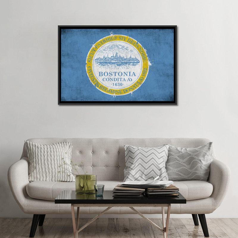 «Boston, Massachusetts Flag», impression sur toile, H 18 po x l 26 po x P 1,5 po, Toile avec cadre noir, Pas de tapis