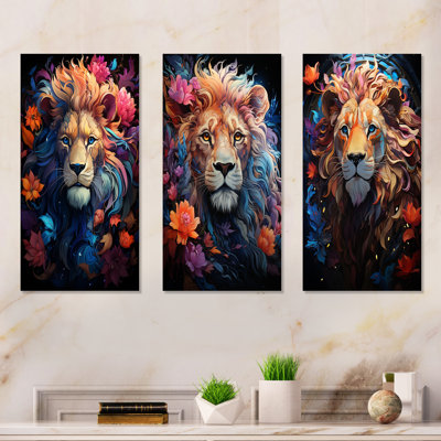 Lions Twilight Monarch - Lion, ensemble de 3 reproductions d'art en métal