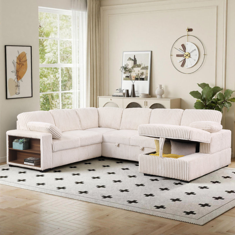 117" 6 Seated Sectional Sofa with Pull-Out Couch Bed, U Shaped Corduroy Cloud Couch Convertible Sleeper Sofa with Storage Chaise and Storage Armrests for Living Room
