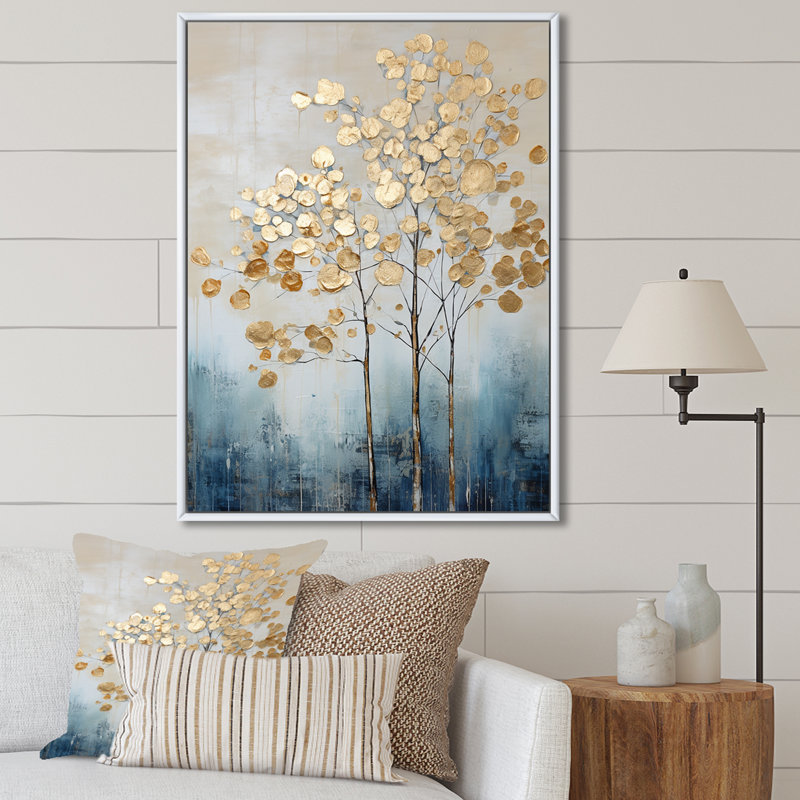 Or doré et arbres bleus Harmony IV - Art mural arbres, H 32 po x l 16 po x P 1 po, Cadre flottant blanc