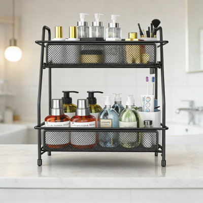 2-Tier Bathroom Counter Organizer With Basket, Alloy Steel Vanity Tray For Makeup And Toiletries Storage, Space-Saving Kitchen Countertop Shelf And Spice Rack
