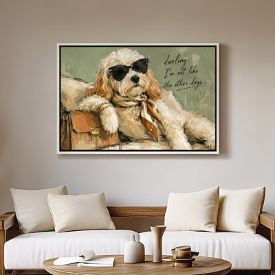 Framed Canvas Wall Art - Stylish Dog Wearing Sunglasses on Sofa Portrait - 16"x24", 24"x36"