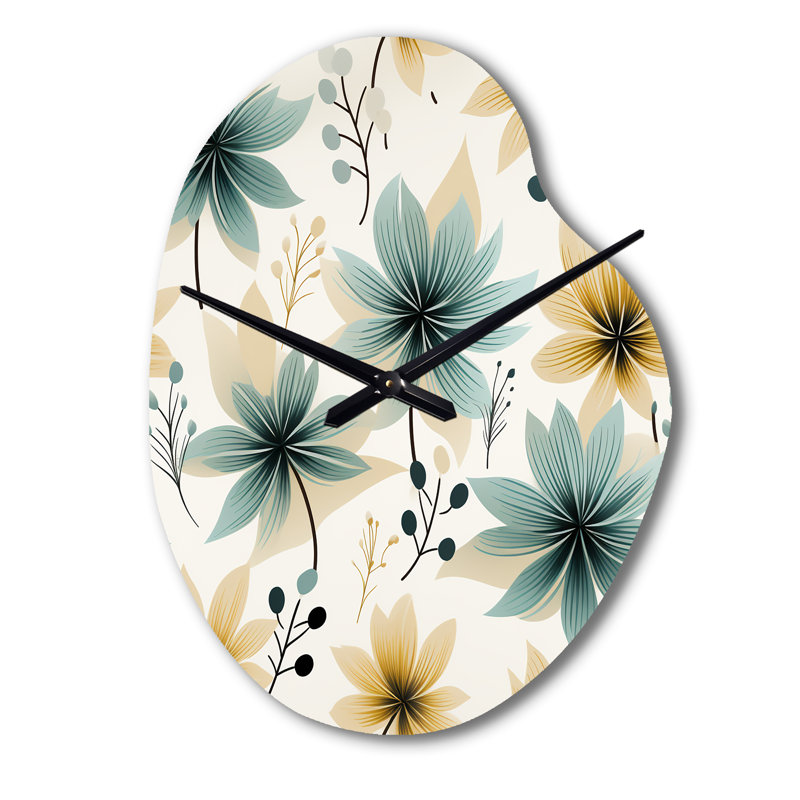 Motif floral élégant bleu sarcelle et beige - Horloge murale asymétrique florale en métal, impression d'horloge murale sarcelle