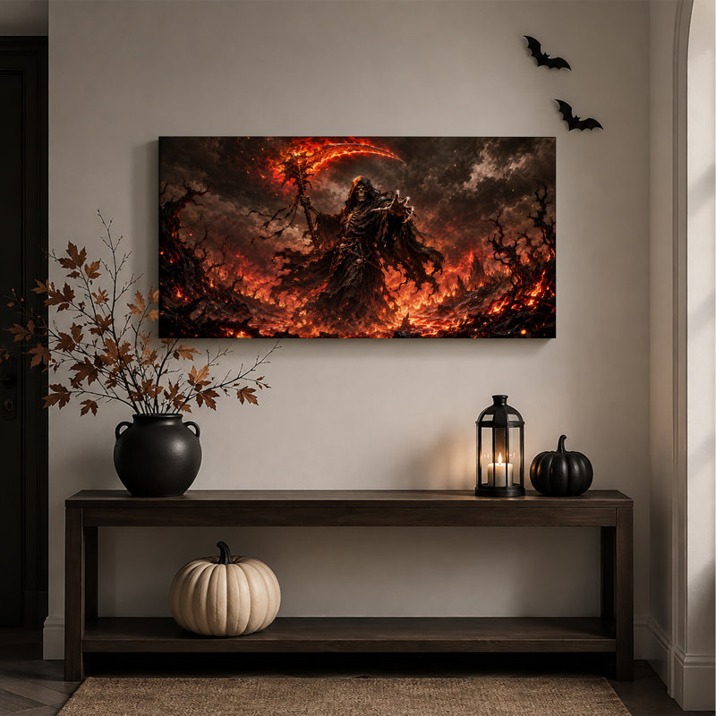 La Faucheuse brandissant une faux enflammée dans une toile murale d'Halloween enflammée, 40“W x 20”H