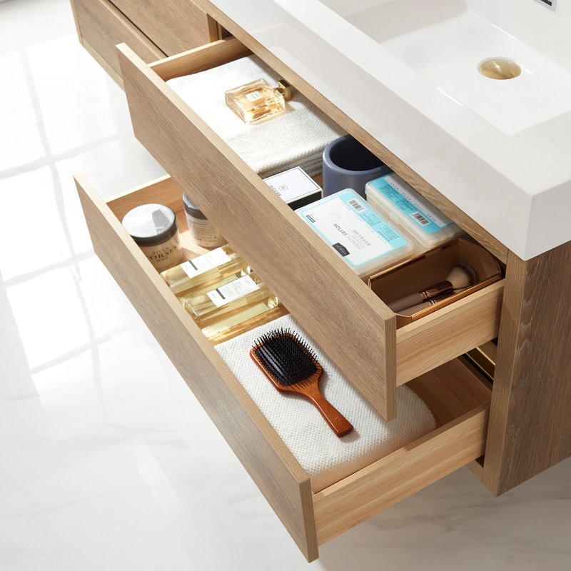 71.7'' Double Bathroom Vanity with Composite Top, North American Oak Finish, White