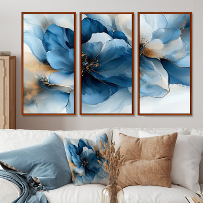 Velours blanc, bleu, chrysanthèmes, encre de rivière I - art mural grand fleur de pommier - 3 panneaux