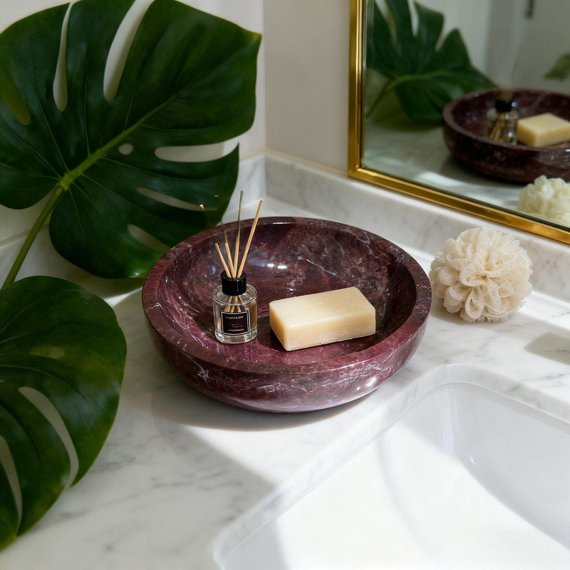 Bol en marbre bourgogne, plateau rond en pierre de 5,9 pouces pour centre de table et rangement pour meuble-lavabo, Bourgogne