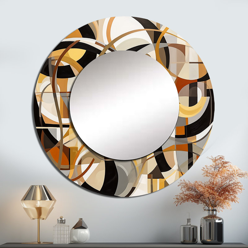 Giorgino Mid Century Artistic Transformations I - Midcentury Modern Decorative Mirror, Yellow Round Wall Mirror, Printed Metal Art