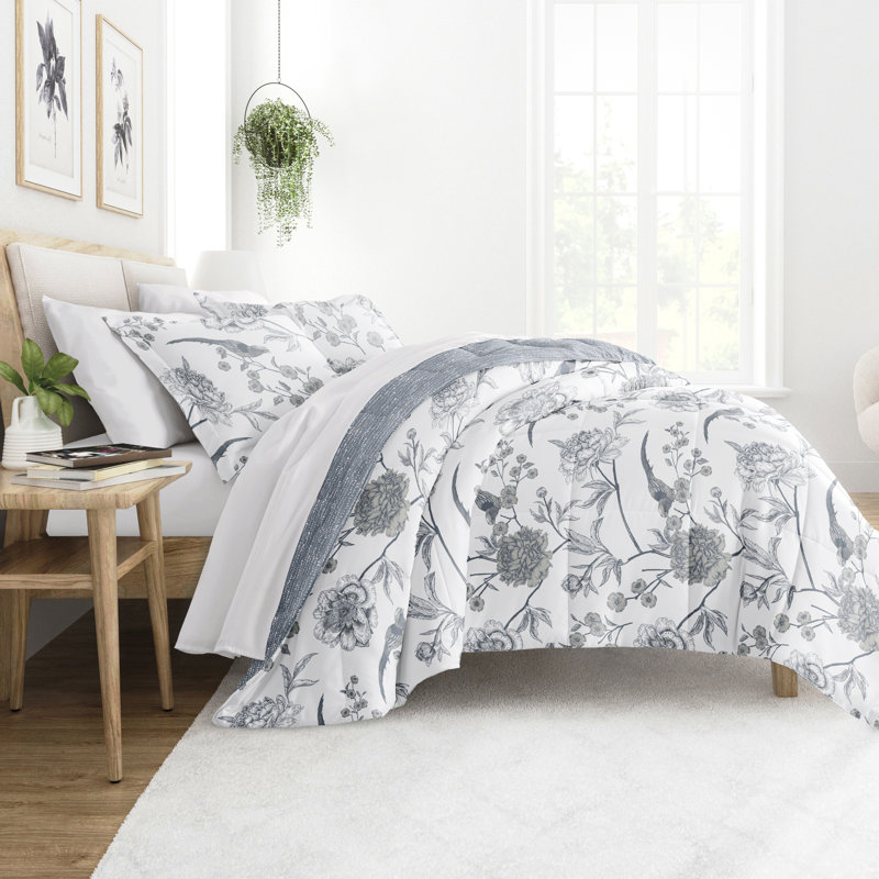 Light Blue Floral Down Alternative Reversible Comforter Set, Full