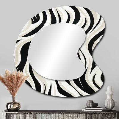 Luisella Black Zebra Print Wallpaper - Striped Asymmetrical Decorative Mirror, Modern Unique Shape Large Wall Mirror, Printed Metal Art