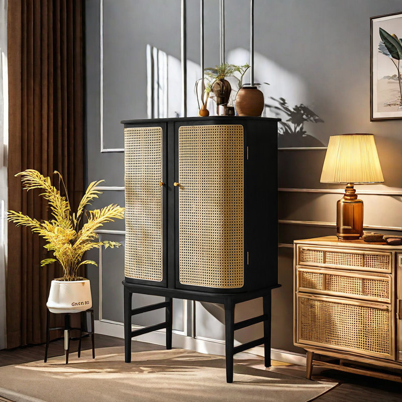 Armoire d'appoint en bois massif de rotin, Noir