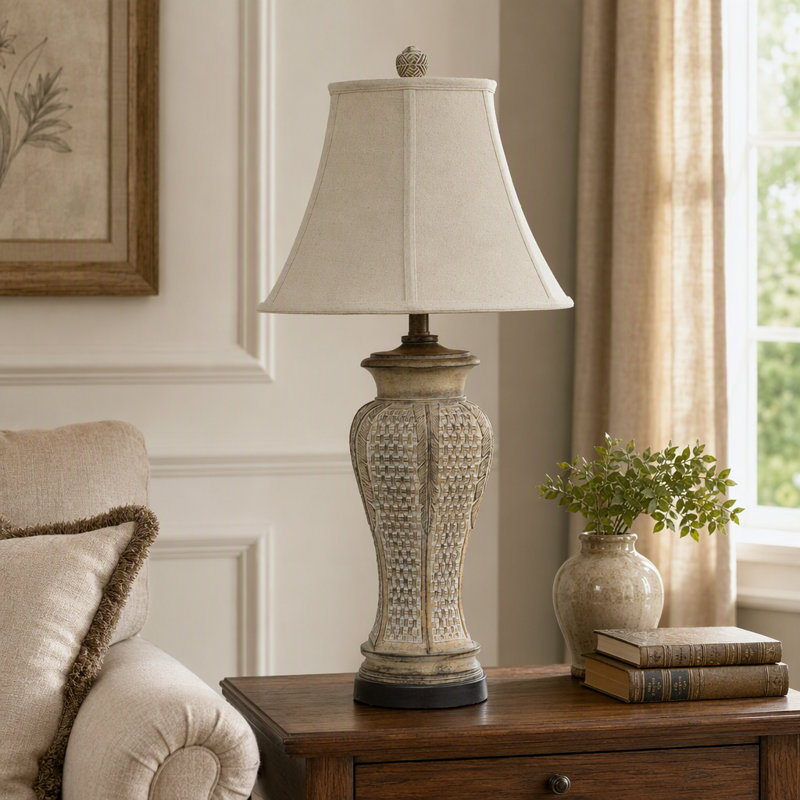 32"H Brown Antiqued Resin Table Lamps With Tan Linen Shades