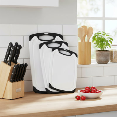 Ensemble de 3 planches à découper en plastique - Lavable au lave-vaisselle, antidérapant, rainures de jus intégrées et zone de broyage - Blanc