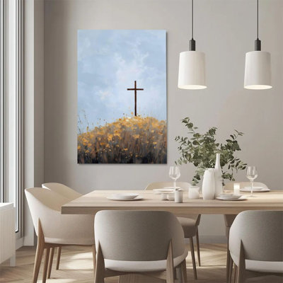 1Pc Christian Framed Canvas Poster Print Cross, golden flower field, religious art style Wall decor Art - Ready To Hang - Easter Decor, Perfect for Ro