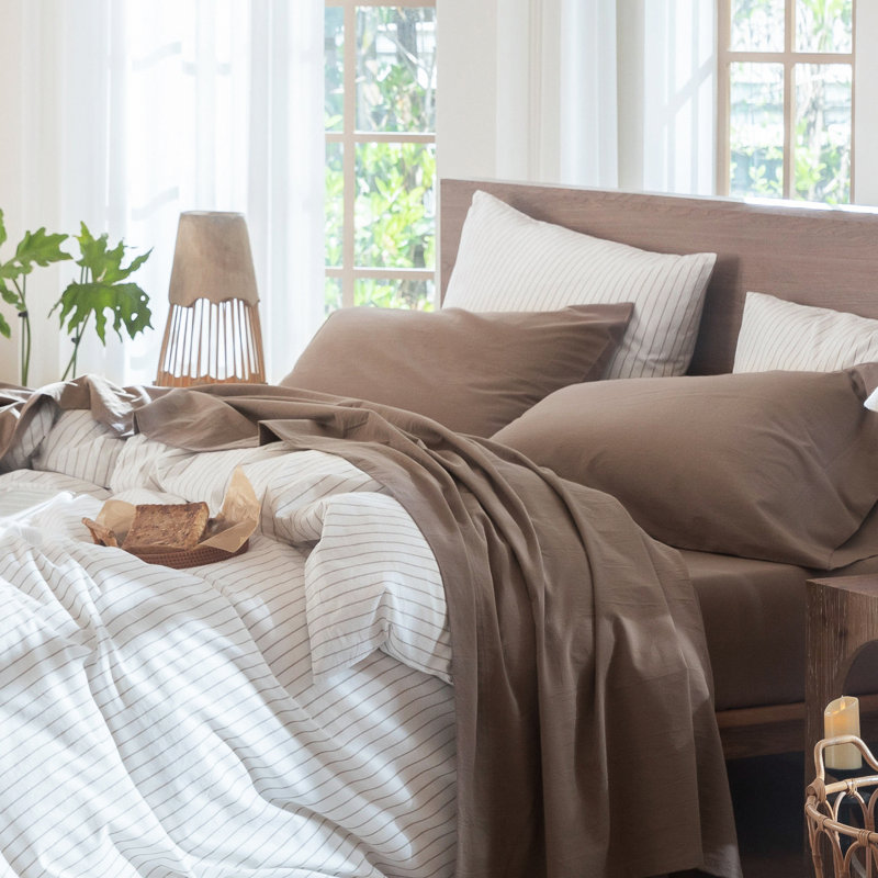 MooMee Sheet Set Extra Deep Pocket 100% Washed Cotton Linen Like Textured Lightweight Breathable, Brown