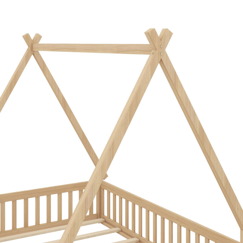 Lit double de style tente Montessori, structure de lit en bois avec garde-corps et lattes, Naturel