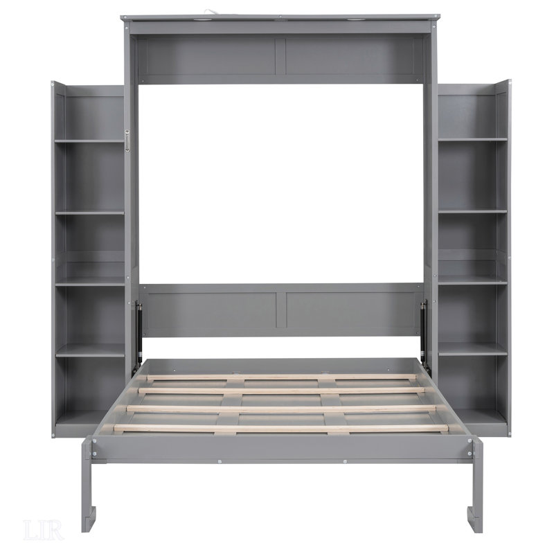 Lit escamotable double avec tablettes et lumières DEL, peu encombrant et multifonctionnel pour la vie moderne, Gris
