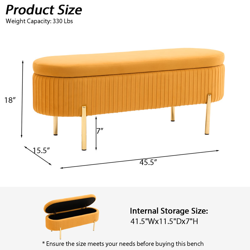 Velvet 46" Wide Storage Bench for Bedroom End of Bed Window Living room, Yellow