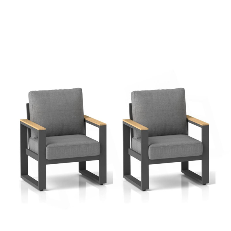 Set of 2 26.6" All-Weather Aluminum Patio Armchairs with Thick Cushions, Black+Grey, Black+Grey