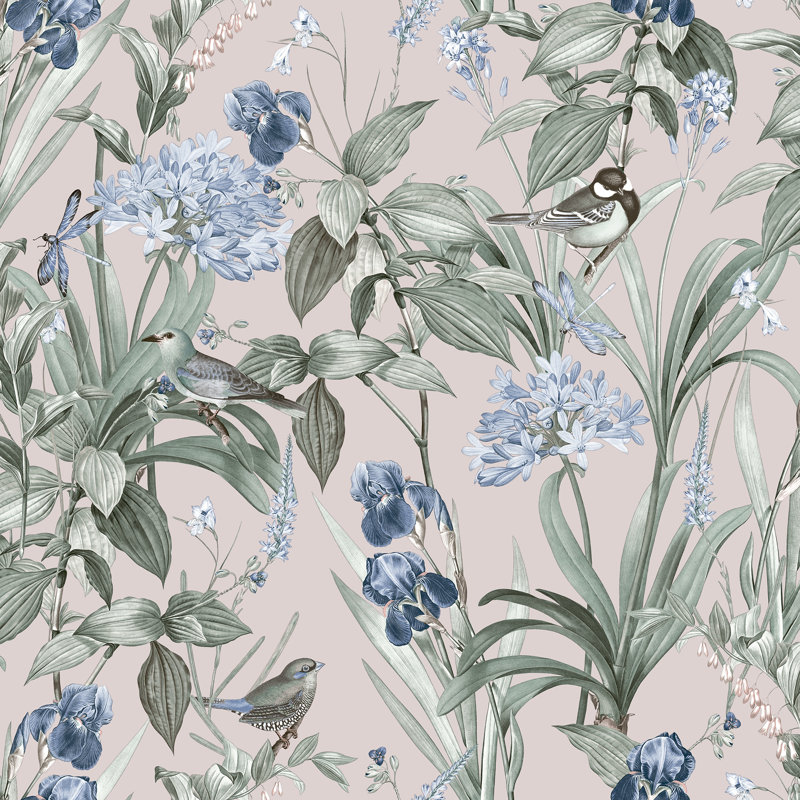 Papier peint botanique Mint Birds and Dragonflies, Rose