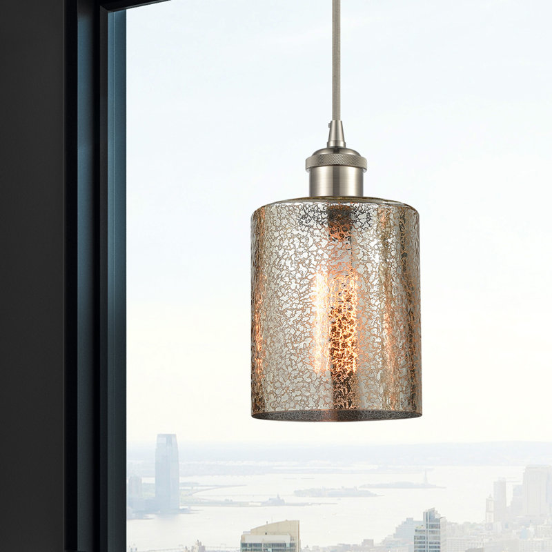 Luminaire suspendu cylindrique 1 lumière Leilani, Nickel satiné brossé, Ampoule incandescente rétro de 60 watts