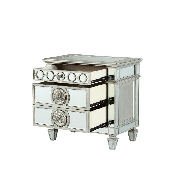 Table de chevet sophistiquée à miroir argenté - Garniture géométrique, tiroir doublé de feutre exquis pour les montres