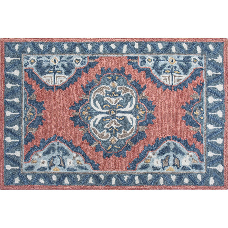 Vintage Glory Hand Hooked Wool Rug in Blue/Faded Red/Cream, Rectangle 2' x 3'