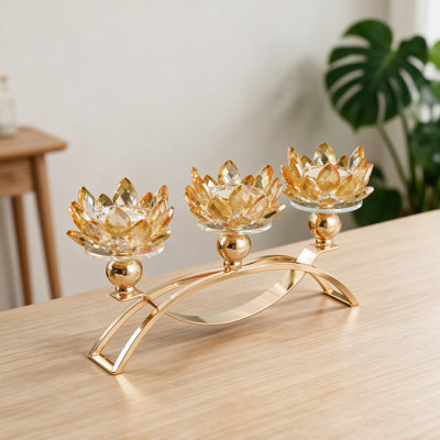 Crystal Candle Holder, Three-Arm Lotus Candelabra, Gold Centerpiece for Tables, Home Decor for Wedding, Dining Room, Coffee Table, and Living Room, Tealight Candle Holder