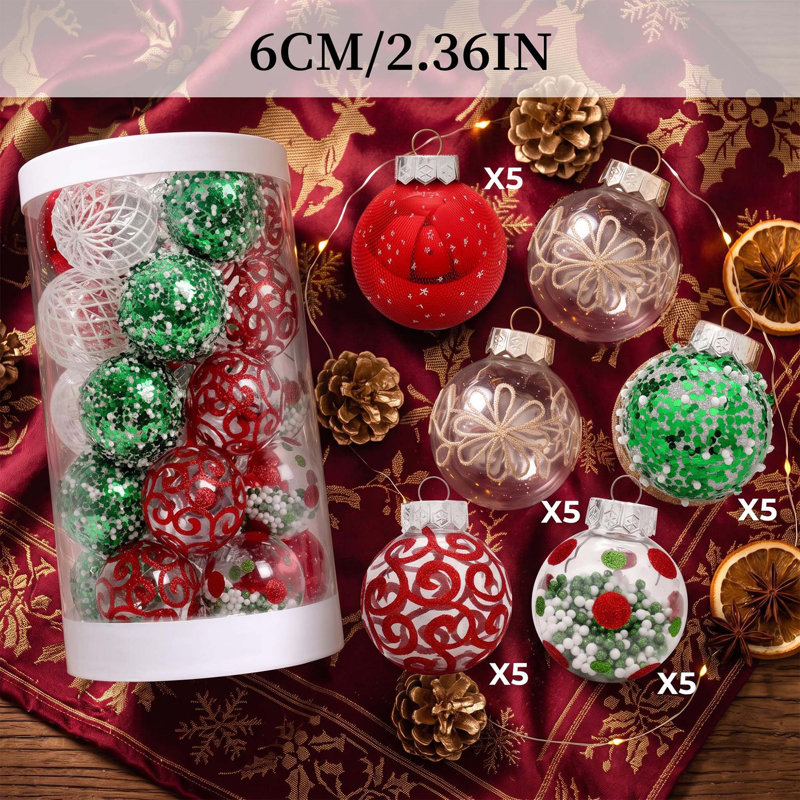 Ensemble de 25 boules de Noël incassables en PVC de 6 cm (2,36 po), Red and White