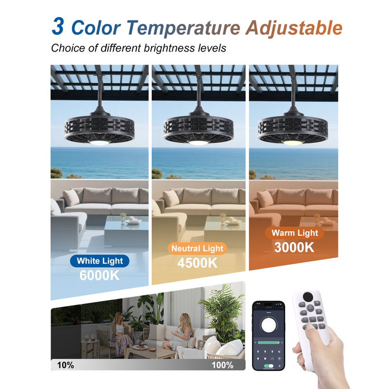 Outdoor Ceiling Fans with Light for Patios, 20" Weatherproof Gazebo Fan with Hanging Hook, Remote Control & APP, Black