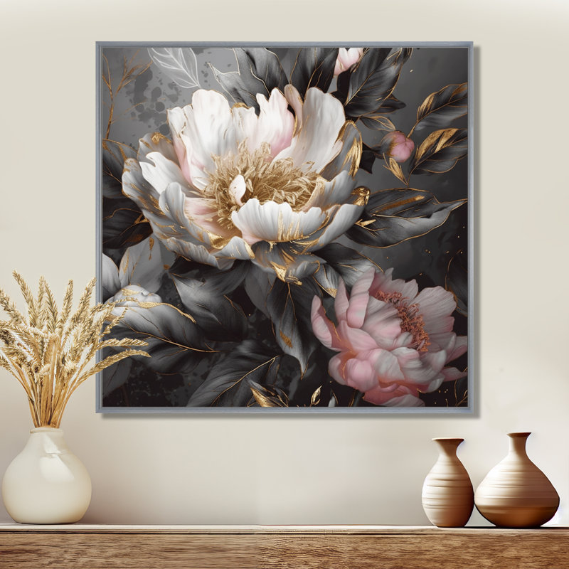 Pivoines roses et grises en fleurs II - impressions de pivoines, H 30 po x l 30 po, Encadrement argenté