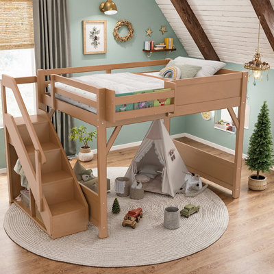 Lit mezzanine en bois massif UnaCubby avec garde-robe intégré, rangement et escalier, sans sommier