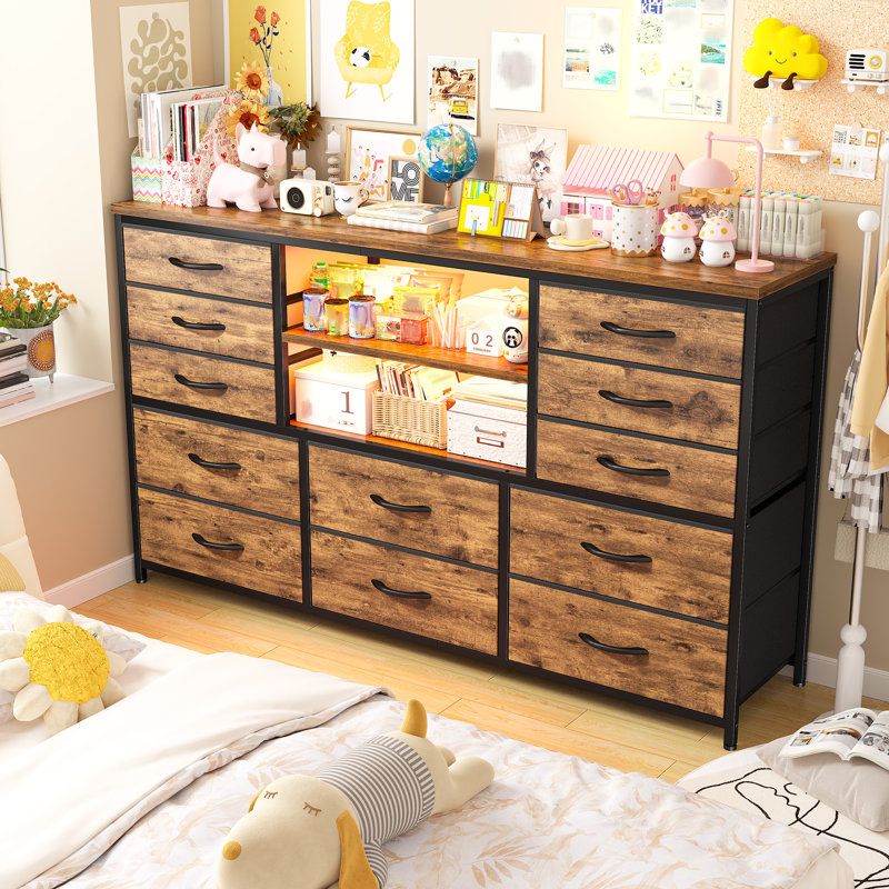 Commode pour chambre à coucher avec prises de courant et lumières à DEL, commode télé 12 tiroirs avec 2 tablettes à pneus