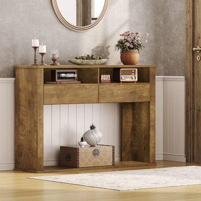 Farmhouse Entryway Table, Console Table With 2 Drawers, 2 Compartments And Bottom Shelf, Farmhouse Style Sofa Table