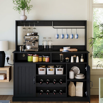 Armoire à café avec porte-bouteilles et porte-gobelets, buffet de style campagnard moderne de 47 po avec rangement, garde-manger autoportant pour le salon, noir