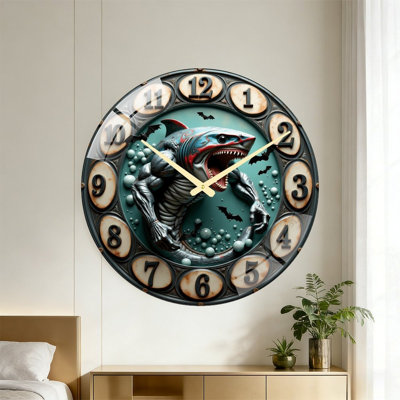Shark Monster Clock Design With Bats Art - 24‘’ Modern Glass Wall Clock