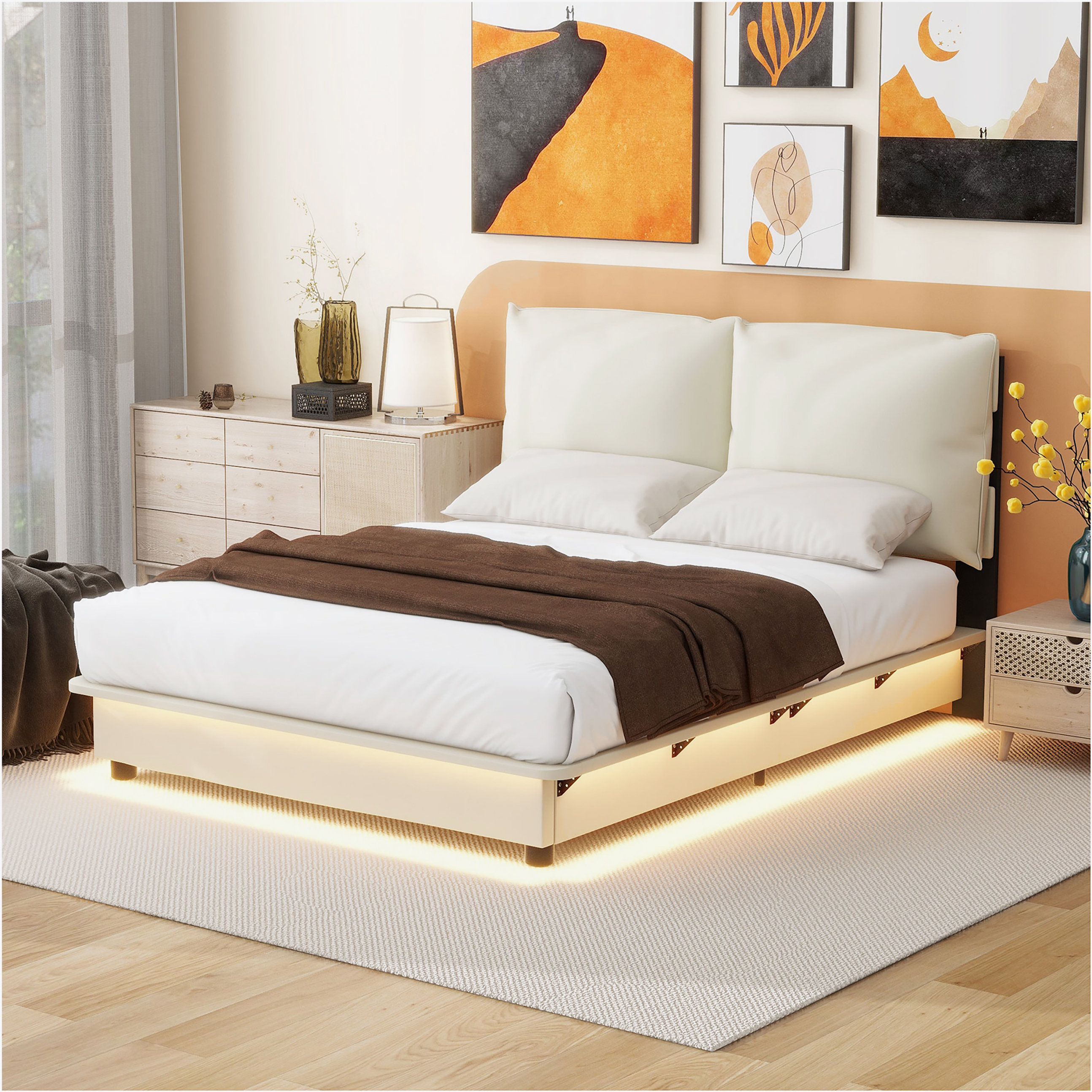 Platform Bed Walnut Back Rests Ivy Bronx Upholstered Platform Bed with Sensor Light and Ergonomic ...