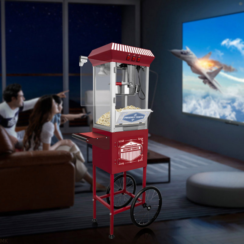 XH-P831-Machine à maïs soufflé de style cinéma avec chariot et bouilloire de 12 onces - rouge, style rétro sur roulettes
