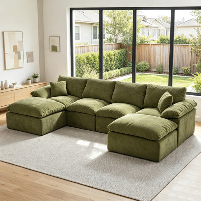 130" U Shape Modular Sectional Cloud Couch, 6-Seater Chenille Sofa with 2 Movable Ottomans, Foam & Spring Construction Deep Seat Sofa with Pillows for Living Room Apartment, Green