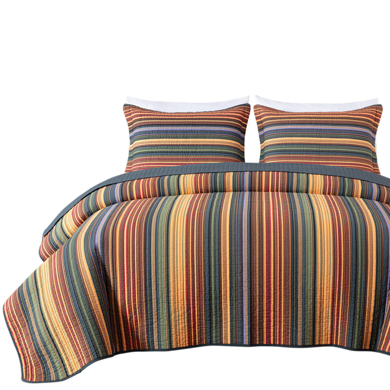 Avery Striped Pre-Washed Cotton Quilt Set, Green/Navy/Brown, Oversized King Quilt + 2 King Shams
